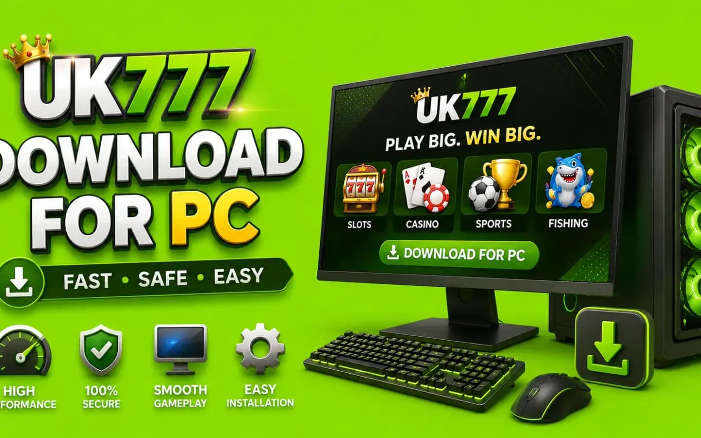 Running UK777 on a Windows PC, showing the desktop download and access route