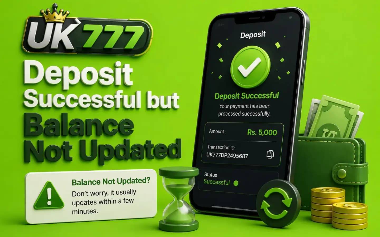UK777 deposit successful but balance not updated A completed UK777 deposit with the account balance still showing the old amount