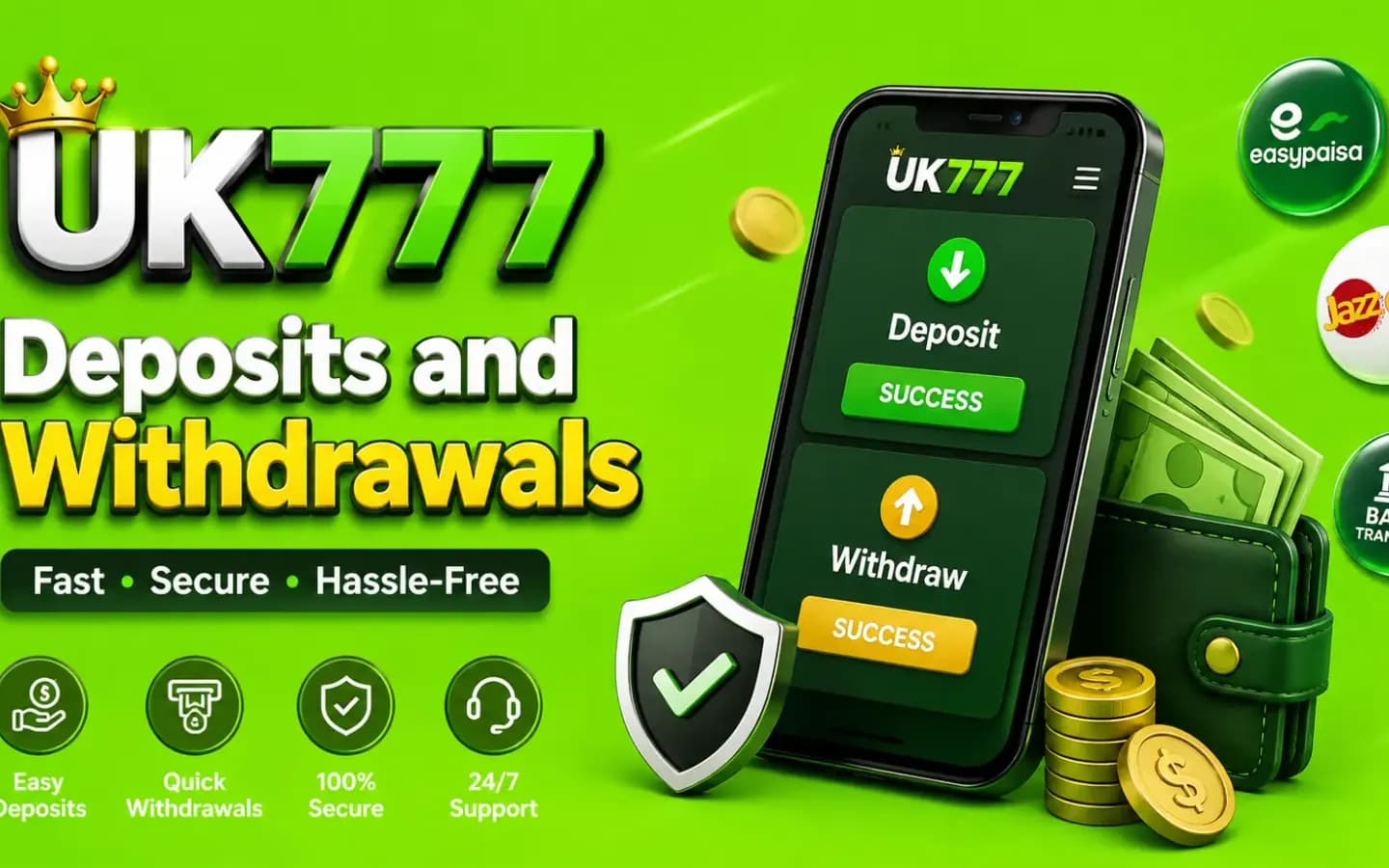 UK777 deposits and withdrawals UK777 deposits and withdrawals screen showing the available payment methods