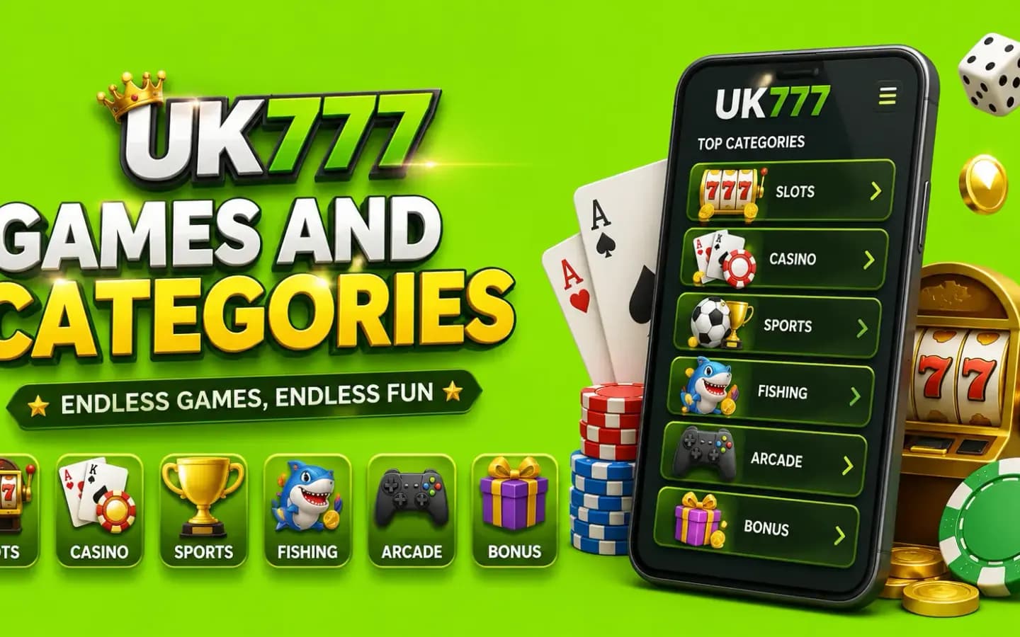 UK777 games and categories UK777 game categories including slots, live casino, card games and sports betting
